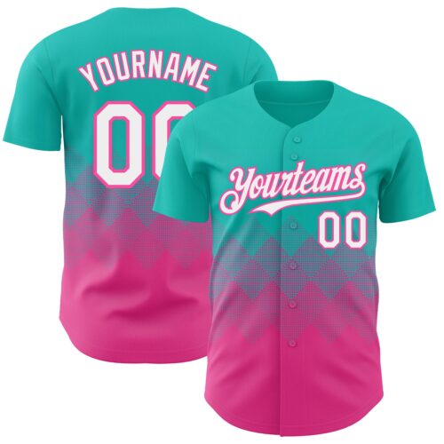 Custom Aqua White-Pink 3D Gradient Square Shape Authentic Baseball Jersey