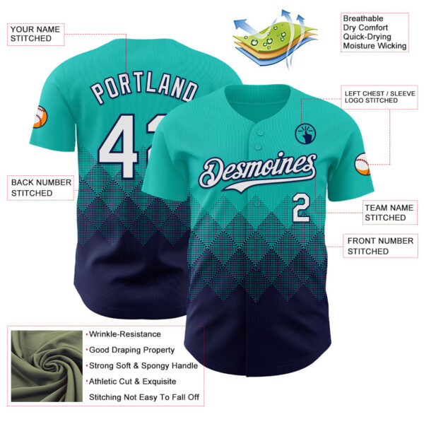 Custom Aqua White-Navy 3D Gradient Square Shape Authentic Baseball Jersey