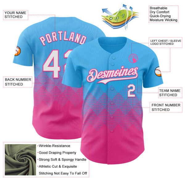 Custom Sky Blue White-Pink 3D Gradient Square Shape Authentic Baseball Jersey