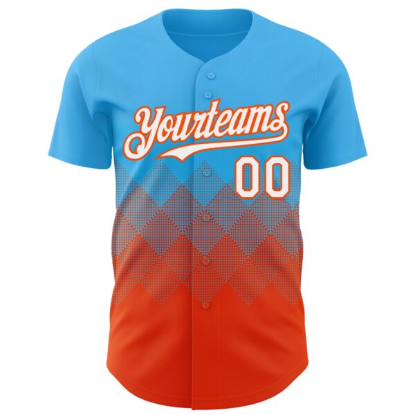 Custom Sky Blue White-Orange 3D Gradient Square Shape Authentic Baseball Jersey