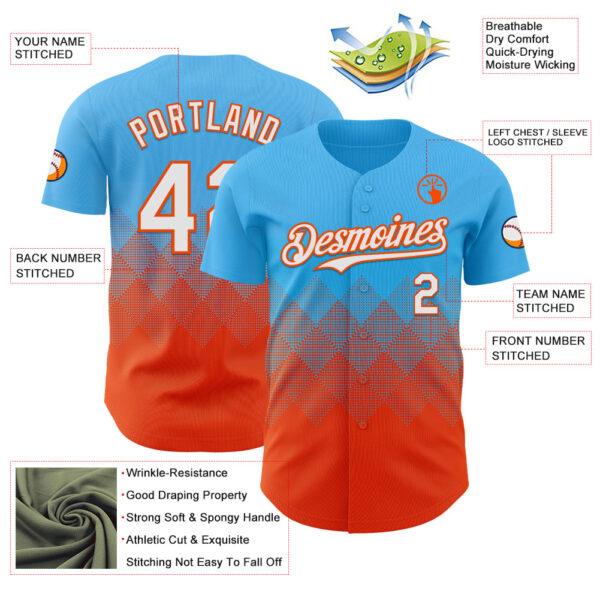 Custom Sky Blue White-Orange 3D Gradient Square Shape Authentic Baseball Jersey