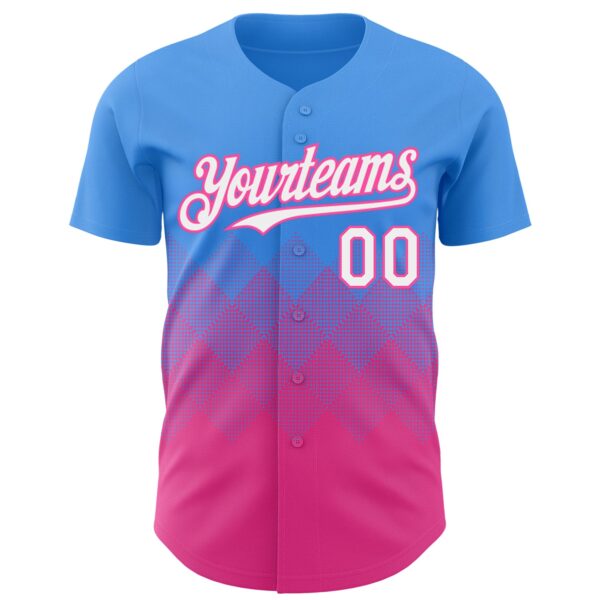 Custom Electric Blue White-Pink 3D Gradient Square Shape Authentic Baseball Jersey