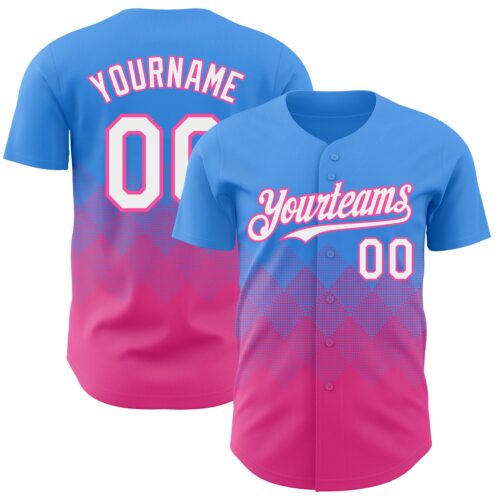 Custom Electric Blue White-Pink 3D Gradient Square Shape Authentic Baseball Jersey