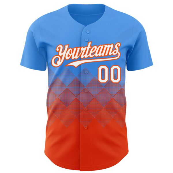 Custom Electric Blue White-Orange 3D Gradient Square Shape Authentic Baseball Jersey