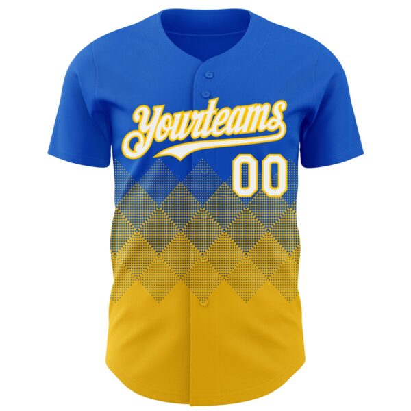 Custom Thunder Blue White-Yellow 3D Gradient Square Shape Authentic Baseball Jersey