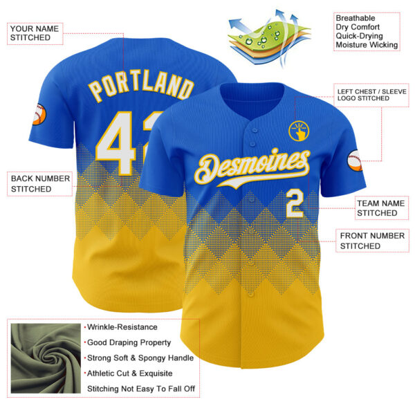 Custom Thunder Blue White-Yellow 3D Gradient Square Shape Authentic Baseball Jersey