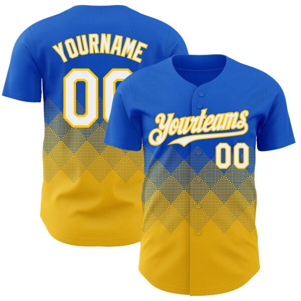 Custom Thunder Blue White-Yellow 3D Gradient Square Shape Authentic Baseball Jersey