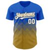 Custom Thunder Blue White-Old Gold 3D Gradient Square Shape Authentic Baseball Jersey