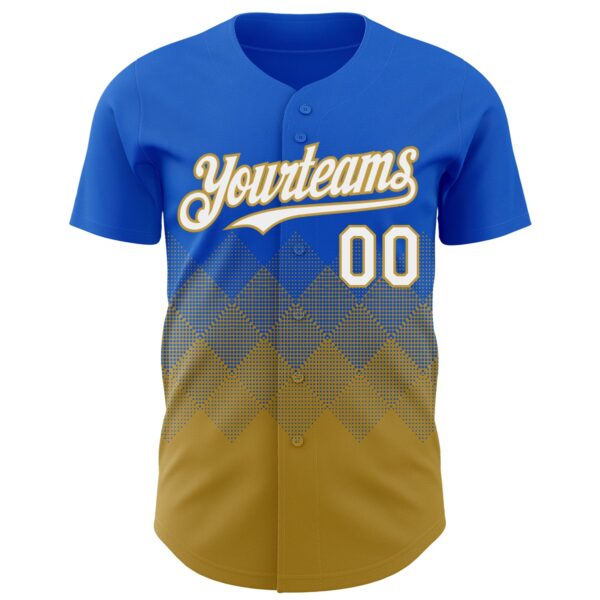 Custom Thunder Blue White-Old Gold 3D Gradient Square Shape Authentic Baseball Jersey