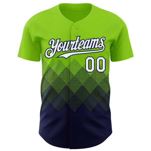 Custom Neon Green White-Navy 3D Gradient Square Shape Authentic Baseball Jersey