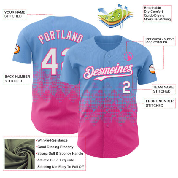 Custom Light Blue White-Pink 3D Gradient Square Shape Authentic Baseball Jersey
