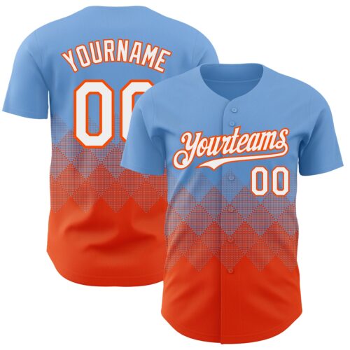 Custom Light Blue White-Orange 3D Gradient Square Shape Authentic Baseball Jersey