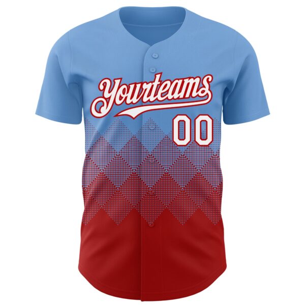Custom Light Blue White-Red 3D Gradient Square Shape Authentic Baseball Jersey