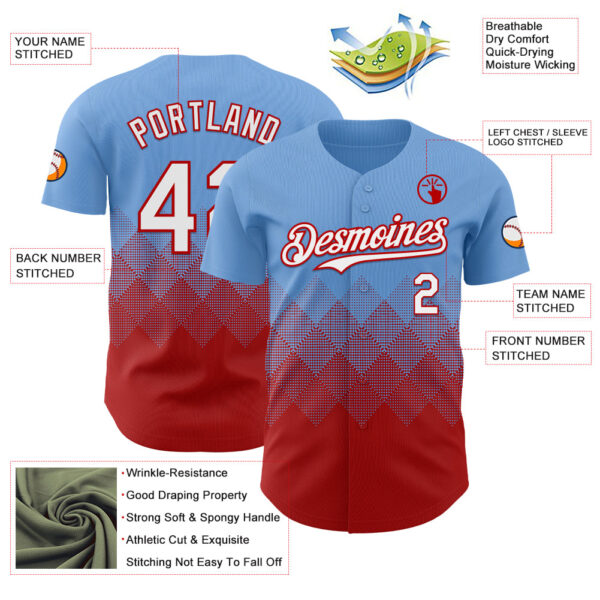Custom Light Blue White-Red 3D Gradient Square Shape Authentic Baseball Jersey