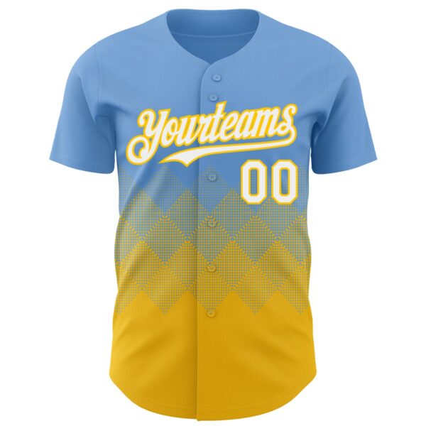 Custom Light Blue White-Yellow 3D Gradient Square Shape Authentic Baseball Jersey