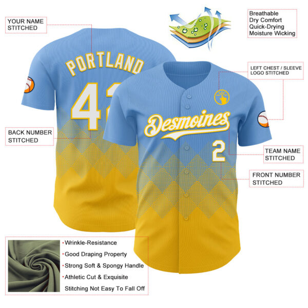 Custom Light Blue White-Yellow 3D Gradient Square Shape Authentic Baseball Jersey