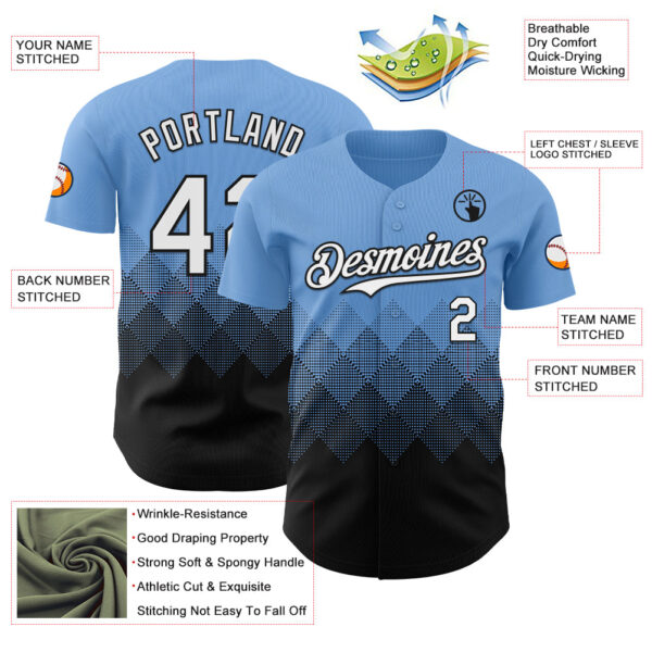 Custom Light Blue White-Black 3D Gradient Square Shape Authentic Baseball Jersey