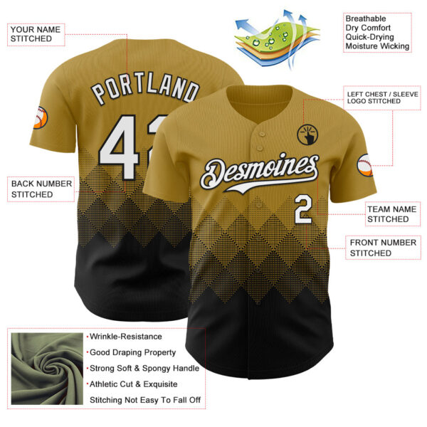Custom Old Gold White-Black 3D Gradient Square Shape Authentic Baseball Jersey