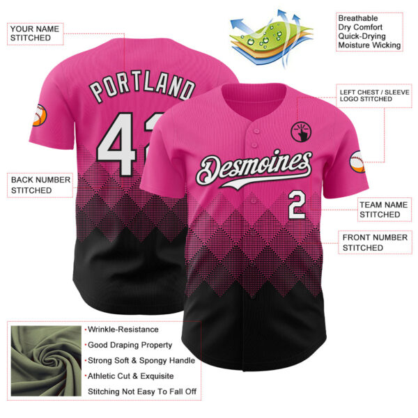 Custom Pink White-Black 3D Gradient Square Shape Authentic Baseball Jersey