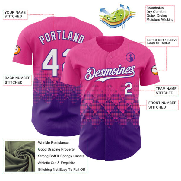 Custom Pink White-Purple 3D Gradient Square Shape Authentic Baseball Jersey