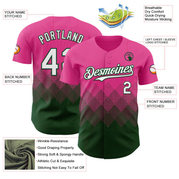 Custom Pink White-Green 3D Gradient Square Shape Authentic Baseball Jersey