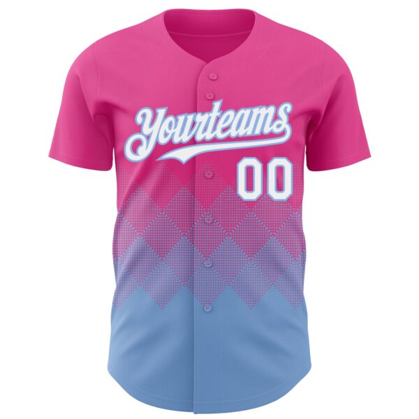 Custom Pink White-Light Blue 3D Gradient Square Shape Authentic Baseball Jersey