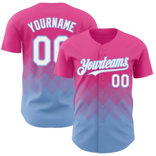 3DPattern7430 Custom Pink White-Light Blue 3D Gradient Square Shape Authentic Baseball Jersey