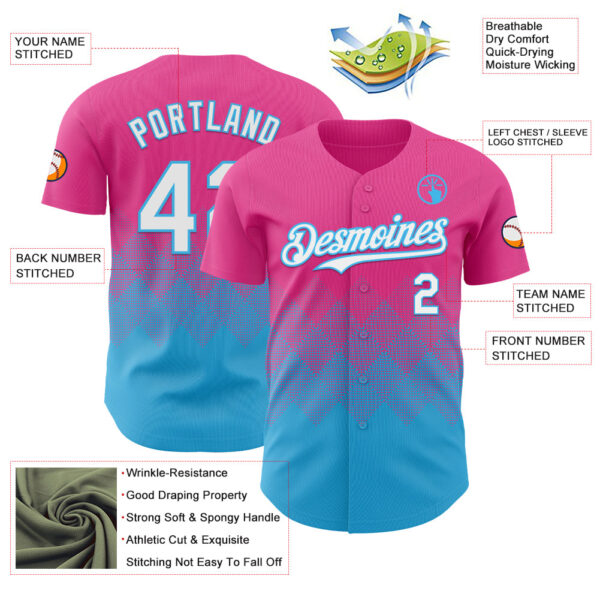 Custom Pink White-Sky Blue 3D Gradient Square Shape Authentic Baseball Jersey
