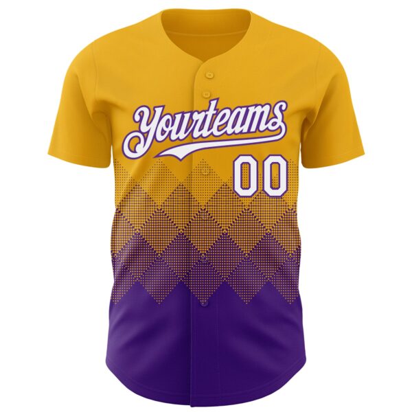 Custom Gold White-Purple 3D Gradient Square Shape Authentic Baseball Jersey