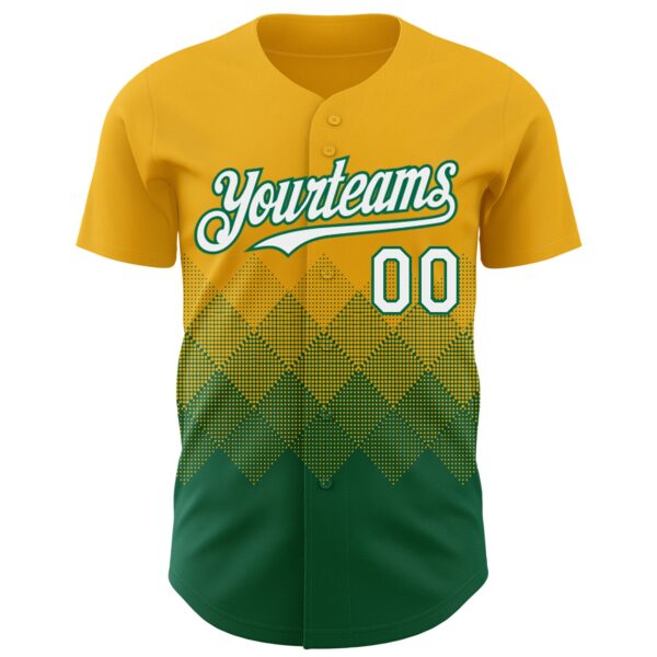 Custom Gold White-Kelly Green 3D Gradient Square Shape Authentic Baseball Jersey