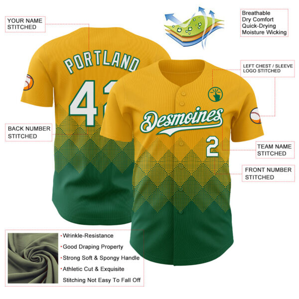 Custom Gold White-Kelly Green 3D Gradient Square Shape Authentic Baseball Jersey