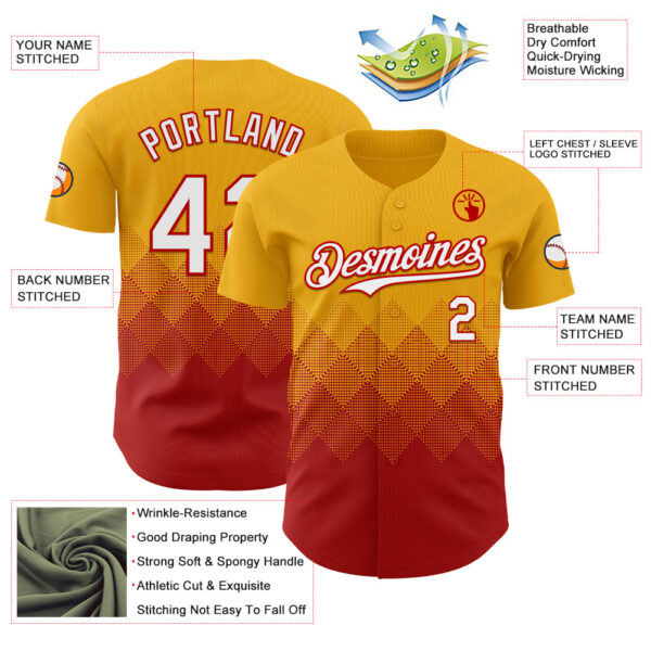 Custom Gold White-Red 3D Gradient Square Shape Authentic Baseball Jersey