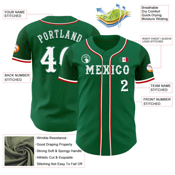 Custom Kelly Green White-Red 3D Mexico Mexican Flag Authentic Baseball Jersey