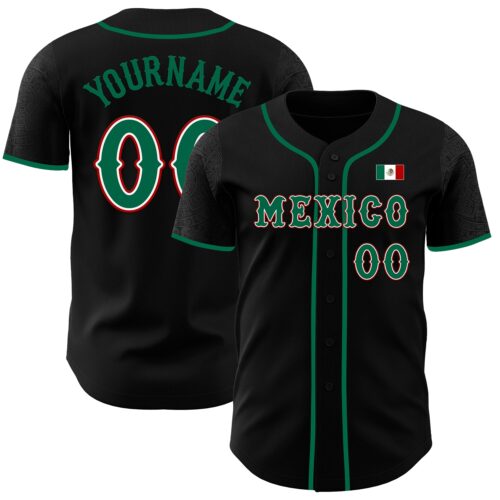 Custom Black Kelly Green White-Red 3D Mexico Mexican Flag Authentic Baseball Jersey