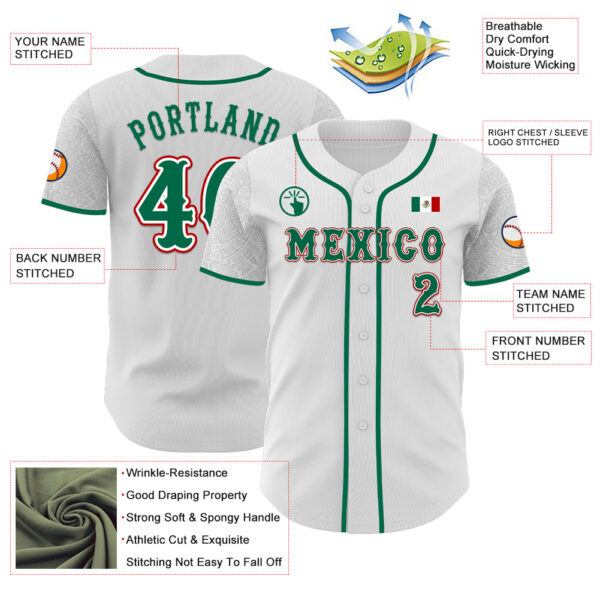 Custom White Kelly Green-Red 3D Mexico Mexican Flag Authentic Baseball Jersey