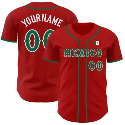 Custom Red Kelly Green-White 3D Mexico Mexican Flag Authentic Baseball Jersey