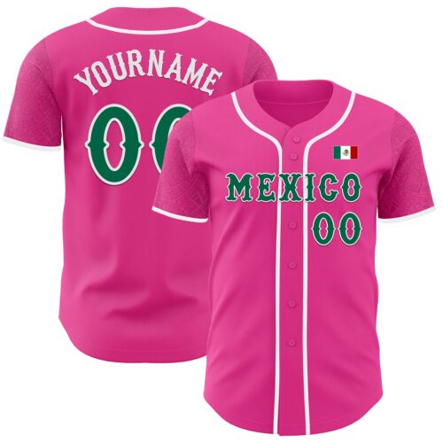 3DPattern7453_d748cb00-ce20-4124-b20e-c6a09405ca61 Custom Pink Kelly Green-White 3D Mexico Mexican Flag Authentic Baseball Jersey