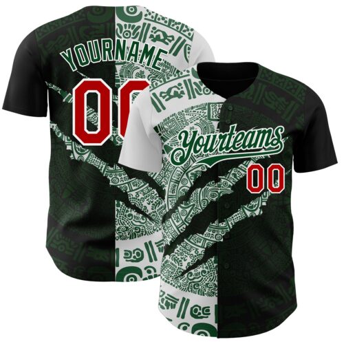 Custom Black Red Green-White 3D Mexico Scratch Authentic Baseball Jersey