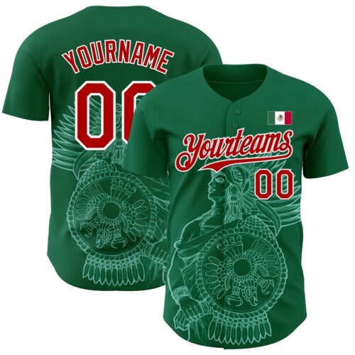 3DPattern7471 Custom Kelly Green Red-White 3D Mexico Mexican Flag Authentic Baseball Jersey