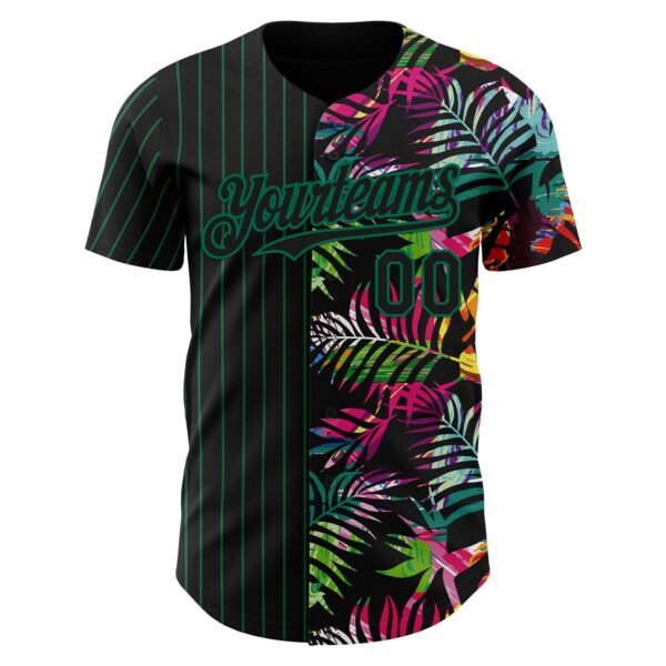 Custom Black Kelly Green 3D Pattern Design Pinstripe Tropical Palm Leaves Authentic Baseball Jersey