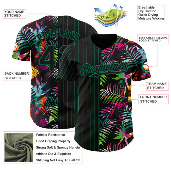 Custom Black Kelly Green 3D Pattern Design Pinstripe Tropical Palm Leaves Authentic Baseball Jersey