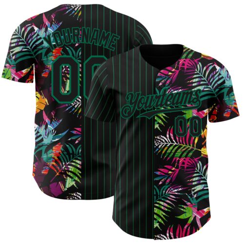 3DPattern7476 Custom Black Kelly Green 3D Pattern Design Pinstripe Tropical Palm Leaves Authentic Baseball Jersey