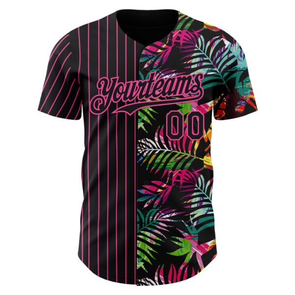 Custom Black Pink 3D Pattern Design Pinstripe Tropical Palm Leaves Authentic Baseball Jersey