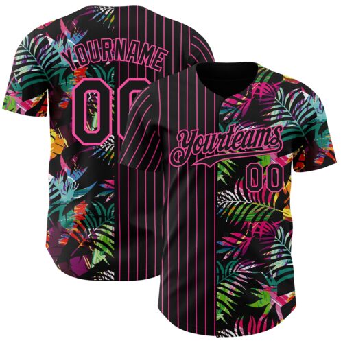 3DPattern7477 Custom Black Pink 3D Pattern Design Pinstripe Tropical Palm Leaves Authentic Baseball Jersey