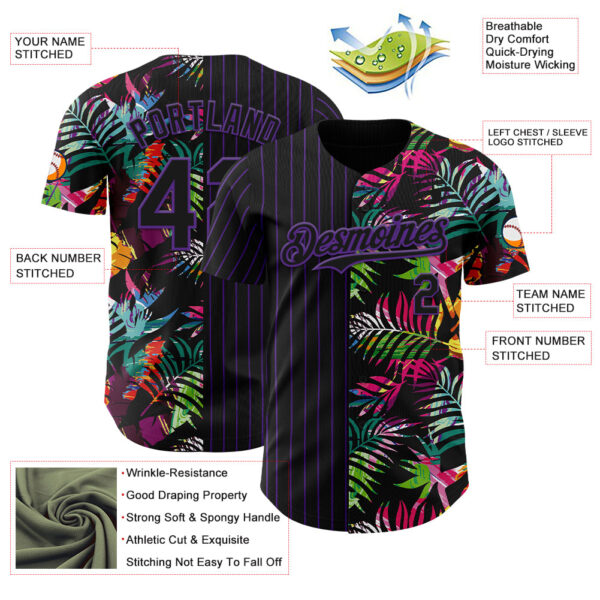 Custom Black Purple 3D Pattern Design Pinstripe Tropical Palm Leaves Authentic Baseball Jersey