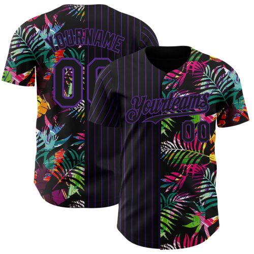 3DPattern7478 Custom Black Purple 3D Pattern Design Pinstripe Tropical Palm Leaves Authentic Baseball Jersey