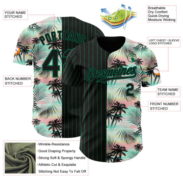 Custom Black Kelly Green 3D Pattern Design Pinstripe Tropical Palm Leaves Authentic Baseball Jersey
