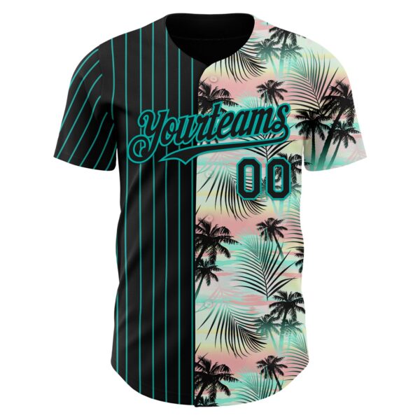 Custom Black Aqua 3D Pattern Design Pinstripe Tropical Palm Leaves Authentic Baseball Jersey