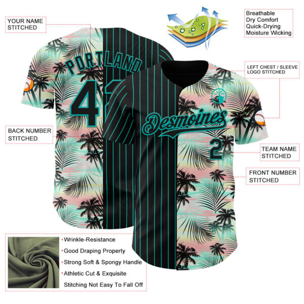 Custom Black Aqua 3D Pattern Design Pinstripe Tropical Palm Leaves Authentic Baseball Jersey