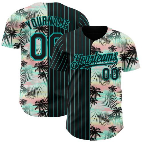 Custom Black Aqua 3D Pattern Design Pinstripe Tropical Palm Leaves Authentic Baseball Jersey